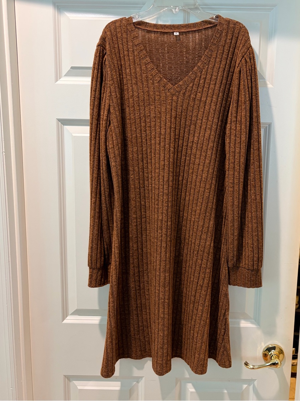 Cozy Ribbed V-Neck Sweater Dress in Brown